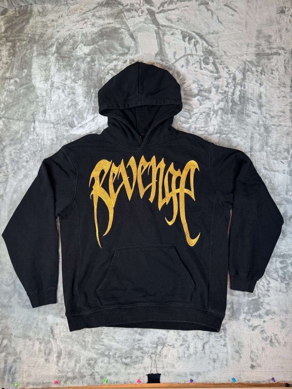 Revenge Black Metallic Gold Embroidered Logo Hoodie Mens Size XL Streetwear